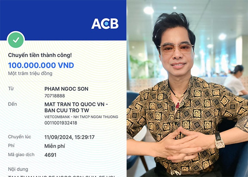 Nam ca sĩ  Ngọc Sơn đã chuyển khoản 100 triệu đồng tới Mặt trận Tổ quốc Việt Nam để chung tay giúp bà con vùng lũ lụt ở các tỉnh miền Bắc. (Ảnh: FB Ngọc Sơn)