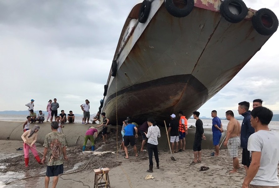 Vào đêm 1/8, khi chạy vào bờ tránh trú bão, tàu khách Hoàng Vi 1 ở Quan Lạn (Quảng Ninh), đã... leo lên đê bao của một dự án lấn biển. Chủ tàu phải thuê máy xúc, huy động người dân hỗ trợ để kéo tàu ra biểntrước khi thủy triều dâng cao. Trong ảnh: Tàu Hoàng Vi 1 nằm "vắt vẻo" trên đê sau cú lao trực diện.