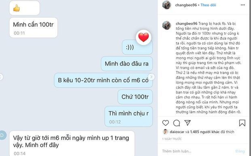 Mới đây, trên trang cá nhân, Nguyễn Thị Huyền Trang, bạn gái  Trọng Đại thông báo rằng Facebook cô nàng đã bị hack mất. Không chỉ có vậy, hacker này còn doạ sẽ tung toàn bộ nội dung nóng cô nàng gửi cho bạn trai lên mạng xã hội nếu như không được chuyển 100 triệu đồng.