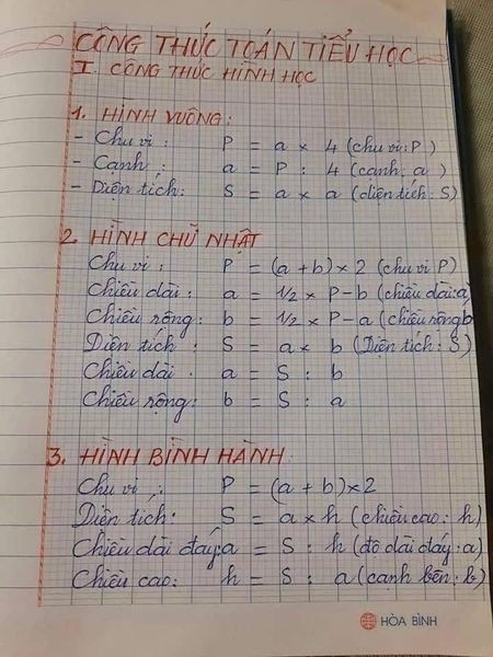 Một phụ huynh đã dành thời gian thống kê lại hết tất cả những công thức toán tiểu học.