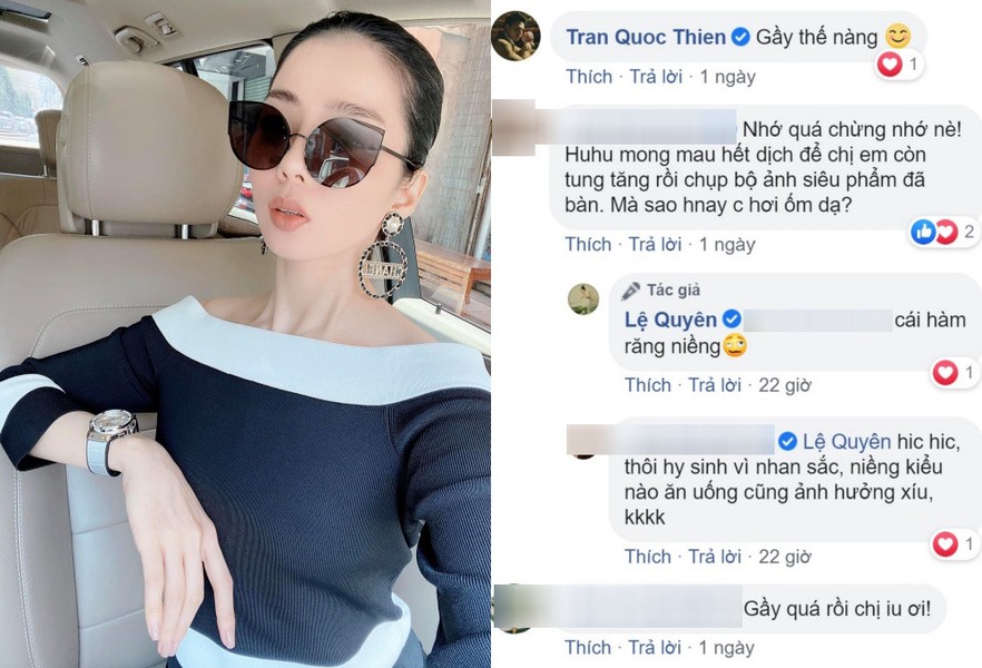 Mới đây,  Lệ Quyên đã đăng tải trên trang cá nhân ảnh chụp selfie trong ô tô và chia sẻ dòng trạng thái dí dỏm: “Ai nhớ mình không? Ở nhà suốt, lên xe chụp hình rồi lại vào nhà…”. Trong ảnh, nữ ca sĩ để lộ gương mặt gầy gò, xanh xao khiến người hâm mộ và đồng nghiệp không khỏi lo lắng. Đáp lại những thắc mắc việc Lệ Quyên gầy gò, giọng ca “Nếu em được chọn lựa” cho biết cô đang niềng răng, không ăn uống được nhiều nên đã sút cân.