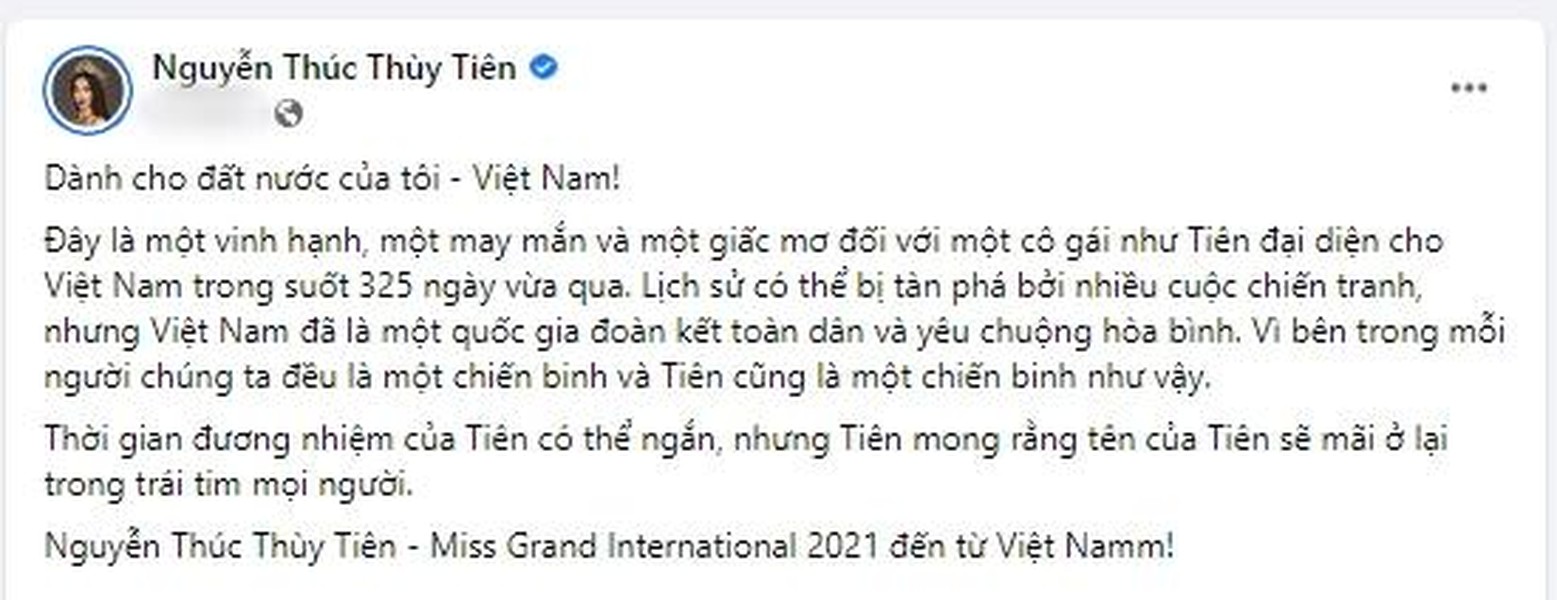 Sau phần final walk và bài phát biểu kết thúc nhiệm kỳ Hoa hậu Hòa bình Quốc tế đầy xúc động,  Thùy Tiên bất ngờ đăng đàn về điều nuối tiếc nhất trong nhiệm kỳ khiến fan "cảm lạnh". Cô cho biết: "Điều nuối tiếc nhất trong nhiệm kỳ vừa qua là Tiên đã để mình nổi cục mụn quá bự ngay ngày final walk". Trong khi dư âm của chung kết Miss Grand International 2022 vẫn còn đang quá xúc động với lời chia sẻ bằng 4 thứ tiếng của Thùy Tiên vẫn còn...