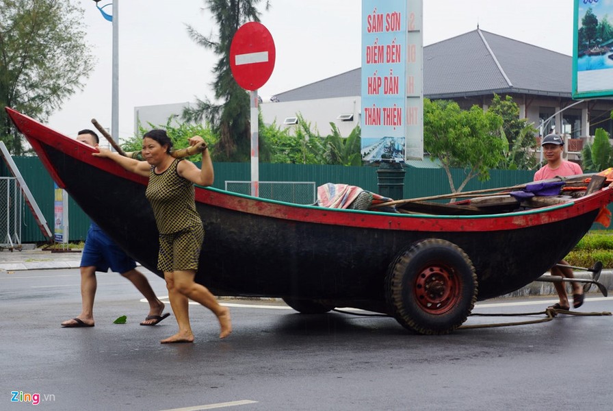  Bão số 10, tên quốc tế Doksuri. Cơn bão được đánh giá là mạnh nhất trong vài năm trở lại đây, với cấp độ thiên tai là cấp 4, dự báo đổ bộ vào miền Trung vào trưa đến chiều 15/9. Sáng 14/9, ngư dân ở các phường Quảng Cư, Trung Sơn, Bắc Sơn,... đã cùng nhau di chuyển hàng nghìn chiếc bè mảng lên dọc hai bên vỉa hè đường Hồ Xuân Hương. Ảnh: Nguyễn Dương.