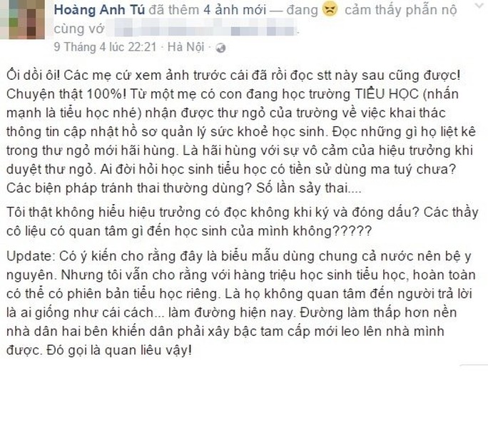 Mới đây, nhà văn Hoàng Anh Tú (còn được biết đến với bút danh anh Chánh Văn) có chia sẻ lên trang Facebook cá nhân một dòng status khiến nhiều cư dân mạng và các bậc phụ huynh không khỏi xôn xao. Theo "anh Chánh Văn" thì câu chuyện mà anh chia sẻ là thật 100%" tại một trường tiểu học ở Hà Nội.