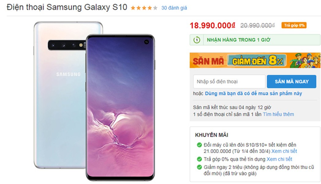 1. Galaxy S10, Galaxy S10+ giảm 02 triệu đồng  Giá bán từ: 18,99 triệu đồng  Đây là đợt giảm giá đầu tiên của cặp Galaxy S10 kể từ khi được “lên kệ” tại thị trường Việt Nam. Chúng là những chiếc smartphone sở hữu ngoại hình mới mẻ nhất, cấu hình mạnh mẽ nhất trong phân khúc Android. Trong khi Galaxy S10 chỉ có camera selfie đơn 10MP thì Galaxy S10+ lại có camera trước kép (10MP + 8MP cho chụp ảnh xóa phông). Ngoài dung lượng pin và kích cỡ màn hình chênh lệch (Galaxy S10 có pin 3400 mAh, màn hình 6,1 inch còn Galaxy S10+ có pin 4100 mAh, màn hình 6,4 inch), bộ đôi này có phần cứng tương đương nhau: RAM từ 8GB; chip xử lý Snapdragon 855; 3 camera sau (12MP + 12MP + 16MP), thiết kế mặt lưng độc đáo, cảm biến vân tay tích hợp trên màn hình. Cũng trong dịp này, Galaxy S9+ năm ngoái cũng đang được giảm 02 triệu đồng cho bản 64GB, chỉ còn 17,99 triệu đồng, thấp hơn một chút so với Galaxy S10.