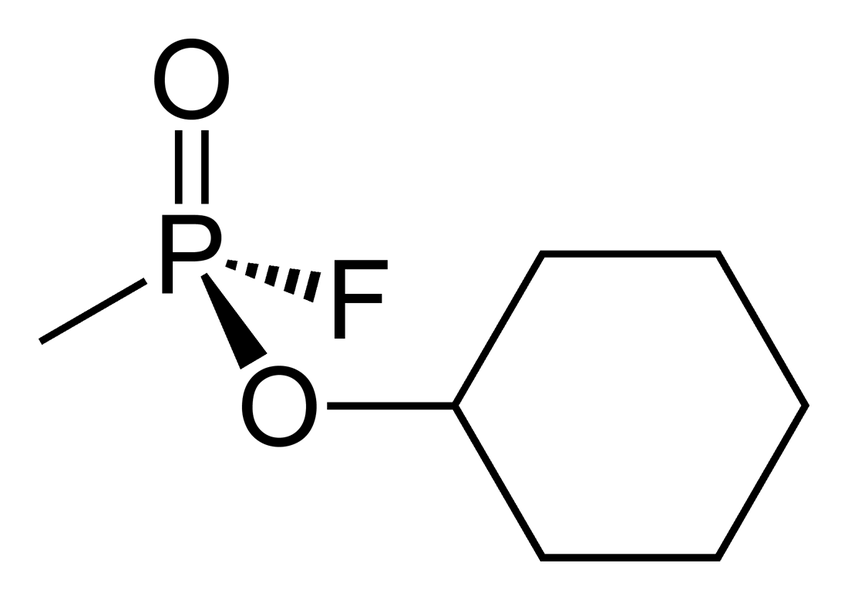 3. Cyclosarin: Cyclosarin hay GF (xyclohexylmethylphosphonofluoridate) là một chất cực kỳ độc sử dụng như một vũ khí hóa học. Nó là một thành viên của G-series, một nhóm các vũ khí hóa học phát hiện và tổng hợp bởi một nhóm các nhà khoa học Đức dẫn đầu bởi Tiến sĩ Gerhard Schrader. Khí thần kinh chủ yếu là các agent G, Sarin (GB), Soman (GD), Tabun (GA), và các agent V như VX. Ảnh: Công thức của GF.