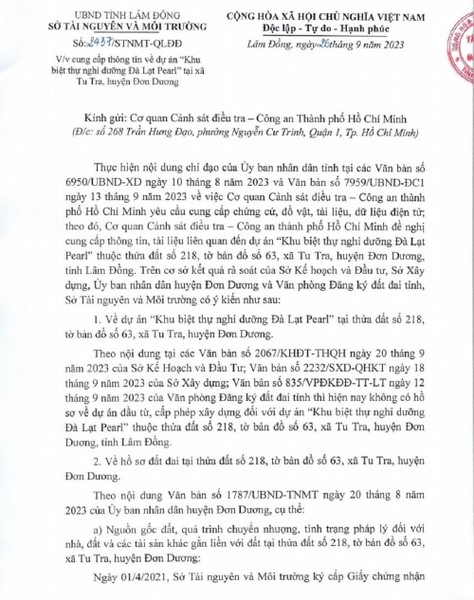 Sở Tài nguyên và Môi trường tỉnh Lâm Đồng vừa có văn bản cung cấp thông tin cho Cơ quan CSĐT, Công an TP.HCM về dự án “Khu biệt thự nghỉ dưỡng Đà Lạt Pearl” (Dalat Pearl) thuộc thửa đất số 218, tờ bản đồ số 63, tại xã Tu Tra, huyện Đơn Dương.