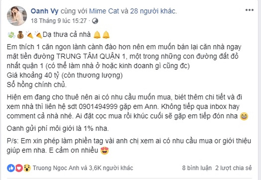 Mới đây, ca sỹ  Vy Oanh gây chú ý khi rao bán căn biệt thự ở quận 1 (TP HCM) trên trang cá nhân. Ảnh: chụp màn hình FB.