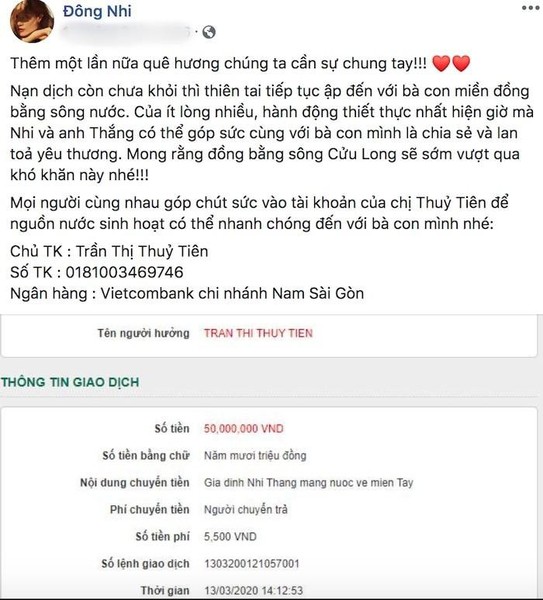 Thông qua phát động của nữ ca sĩ ThuỷTiên, vợ chồng  Đông Nhi - Ông Cao Thắng cũng đã ủng hộ 50 triệu đồng để giúp đỡ người dân miền Tây. Ảnh: Một thế giới.