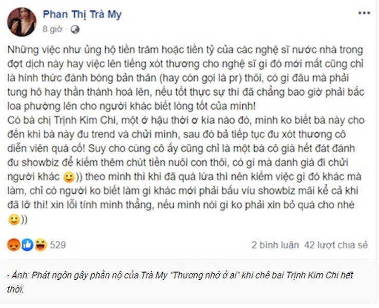 Mới đây, diễn viên Trà My gây tranh cãi khi cho rằng, việc  Trịnh Kim Chi xót thương Mai Phương qua đời cũng chỉ nhằm mục đích "đu bám", "kiếm thêm chút tiền nuôi con nhỏ". Ảnh: FBNV