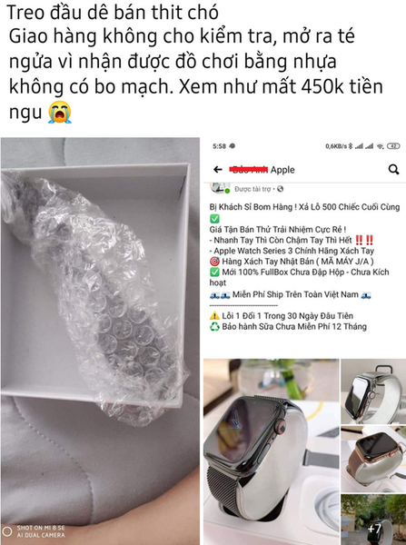 Nhiều vụ lừa đảo khi  mua hàng online khiến người mua mất tiền, lại ôm cục tức. Hồi tháng 5 vừa qua, vị khách T.N trong một nhóm cộng đồng công nghệ cho biết, một shop kinh doanh đồ công nghệ online đăng tải hình ảnh đồng hồ có tên Apple Watch series 3 với giá 450.000 đồng. Ảnh: Ictnews