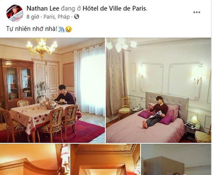 Mới đây, trên trang cá nhân,  Nathan Lee hé lộ không gian sống bên trong khách sạn trị giá 2500 tỷ đồng ở Paris (Pháp).