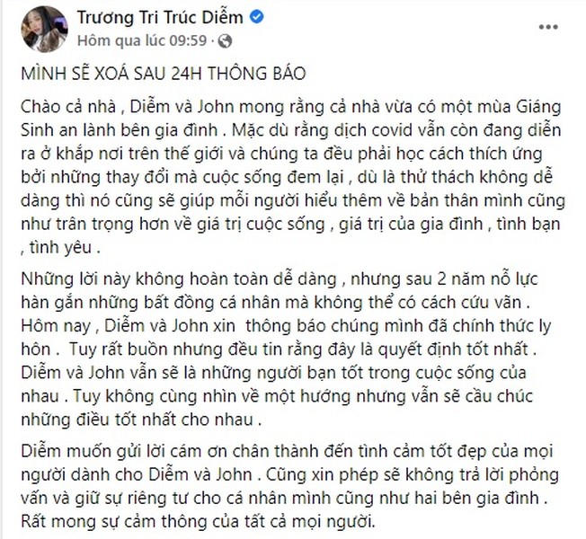 Sau gần nửa năm thông báo tạm dừng hoạt động nghệ thuật và sang Mỹ định cư, mới đây, trên Facebook cá nhân  Hoa hậu Trúc Diễm tuyên bố ly hôn với chồng doanh nhân. Ảnh chụp màn hình