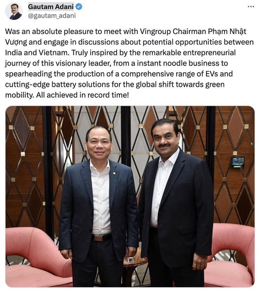 Mới đây, trên tài khoản Twitter cá nhân, tỷ phú Gautam Adani chia sẻ về buổi gặp gỡ với Chủ tịch Tập đoàn Vingroup - ông Phạm Nhật Vượng. Đáng chú ý, vị tỷ phú Ấn Độ nói mình được truyền cảm hứng từ hành trình khởi nghiệp ấn tượng của tỷ phú Phạm Nhật Vượng. Ảnh: Twitter