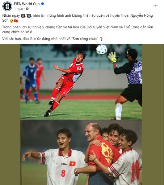 Mới đây, fanpage chính thức của LĐBĐ Thế giới (FIFA) đã thu hút sự chú ý của truyền thông và đông đảo người hâm mộ khi đăng tải hình ảnh của một huyền thoại bóng đá Việt Nam. Đó là cựu danh thủ Nguyễn Hồng Sơn.