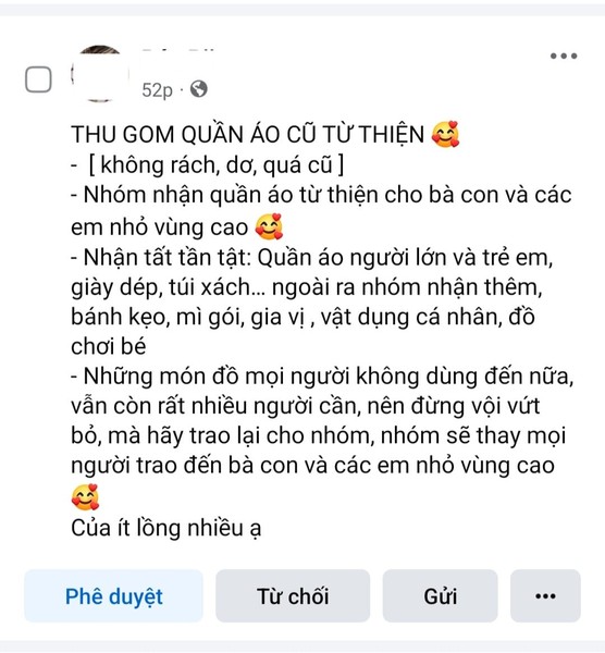 Mới đây trong một hội nhóm về cho tặng quần áo từ thiện trên MXH xuất hiện bài viết thu hút rất nhiều sự chú ý. Theo đó, chính chủ bày tỏ sự bức xúc khi đồ từ thiện của cô bị một cô gái xin về, nhưng thay vì làm từ thiện, cô này đăng tải và rao bán quần áo trong các hội nhóm khác.