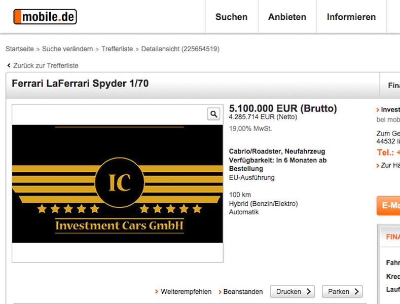 Vừa qua trên trang web rao vặt về xe Mobile.de của Đức, một công ty chuyên "đầu cơ" xe nổi tiếng có tên Investment Cars đã đăng rao vặt thông báo bán chiếc siêu xe mui trần đỉnh cao  Ferrari LaFerrari Spider, dù hiện tại chiếc xe này vẫn chưa được ra mắt.