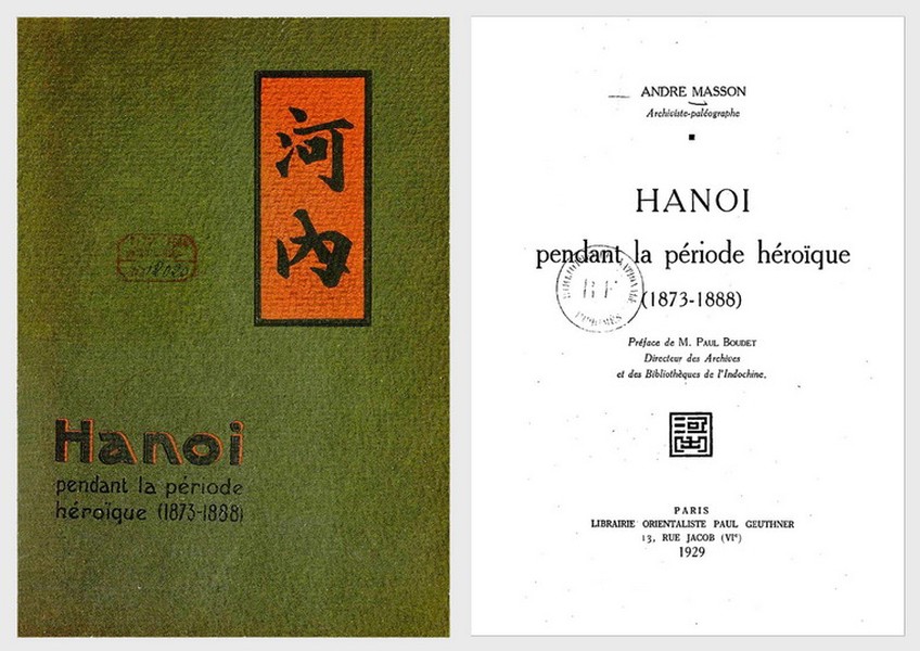 Bìa cuốn sách Hà Nội trong thời kỳ huy hoàng (1873 - 1888) của tác giả Masson, André, xuất bản ở Paris năm 1929. Ấn bản điện tử được đăng tải trên thư viện trực tuyến Gallica.bnf.fr.