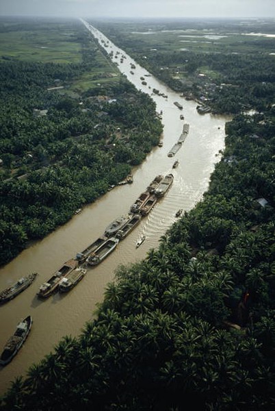 Đoàn xà lan chở gạo trên kênh Chợ Gạo ở Tiền Giang, 1965. Hình ảnh do nhà báo Wilbur E. Garrett của tạp chí National Geographic thực hiện ở  miền Nam Việt Nam.