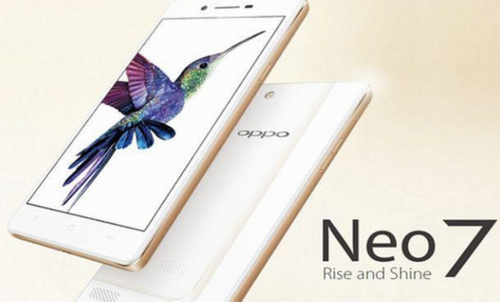  OPPO Neo 7. Oppo Neo 7 có thiết kế nguyên khối (pin liền) và cùng với kích thước 142.7mm - 71.7 x 7.55mm, nặng 142g, màn hình 5.0-inch công nghệ IPS LCD và độ phân giải 540 x 960 pixels . Máy chạy hệ điều hành Android 4.4 (KitKat), được trang bị chip MTK 6582 4 nhân tốc độ 1.3 GHz, RAM 1 GB, hỗ trợ thẻ nhớ ngoài MicroSD (T-Flash) lên đến 32GB. Máy được trang bị sẵn pin chuẩn Li-Ion có dung lượng 2420 mAh. Tính năng 2 sim 2 sóng giúp dùng có thể sử dụng một lúc 2 mạng di động.