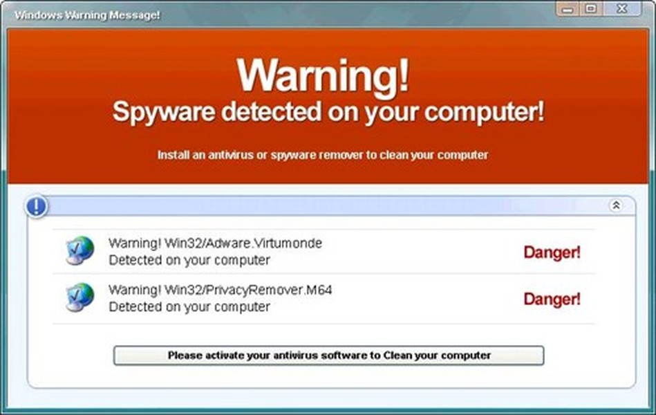  1. Thông báo của trình chống virus giả. Khi máy tính của bạn đã bị tấn công sẽ xuất hiện một chương trình (thường là giao diện web dạng pop-up) hiện ra với thông báo máy tính đang bị xâm nhập và gặp nguy hiểm. Hiện tại đa phần đều có thể biết những thông báo này là giả mạo, tuy nhiên, vẫn còn những người ngây thơ làm theo và vô tình đã “rước giặc về nhà”.    