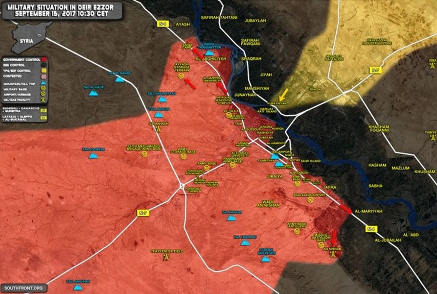 Ngày 15/9,  Quân đội Syria giải phóng các khu vực Huwaijat và Muraieiah phía đông nam sân bay quân sự Deir Ezzor, tiến công đánh chiếm thị trấn Ayyash phía tây bắc thành phố Deir Ezzor. Bản đồ: Southfront