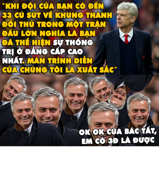  Ảnh chế bóng đá cuối tuần qua nóng lên nhờ trận cầu tâm điểm giữa M.U và Arsenal, nơi mà Mourinho đã cho thấy sự tinh quái của mình bằng chiến thuật mới. Đó là nhường hết cơ hội cho đối phương những cái mình cần đó chỉ là 3 điểm.