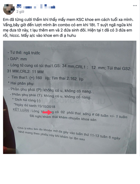 Xuất phát từ một tờ giấy kết quả siêu âm của mẹ khi mang thai sinh đôi, cô gái 18 tuổi đã đăng tải trên mạng khiến dân mạng thích thú và liên tục chia sẻ những bức ảnh khoe  chị em ruột mà nhìn như cô cháu do cách quá nhiều tuổi.