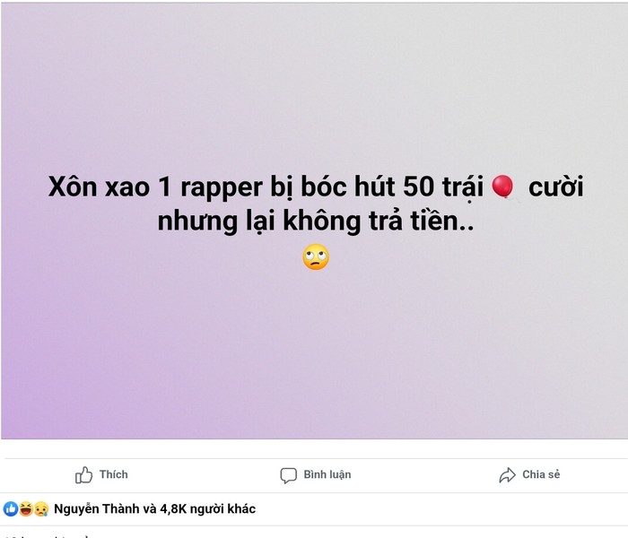 Tối 20/7 trên MXH, các fanpage lan truyền thông tin 1 rapper bị bóc phốt hút 50 quả bóng cười nhưng không phải trả tiền. Ảnh: Chụp màn hình Facebook