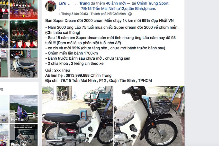 Theo chủ nhân mới đang rao bán chiếc  Honda Super Dream đời 2000 này thì nó được "trùm mền" và chỉ mới chạy khoảng 1500 km. Độ mới của xe thì phải đến 99%, thậm chí là đẹp nhất Việt Nam. Chiếc xe được chủ cũ 75 tuổi mua vào năm 2000 về chùm mền, sau 18 năm ông lão giờ đã 93 tuổi chuyển giao lại cho chủ mới.