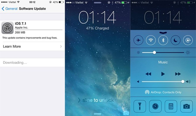 iOS 7.1 chính thức đến tay người dùng. Đêm 10/3, Apple đã phát hành bản cập nhật iOS 7.1 dung lượng khoảng 200MB bao gồm nhiều cải tiến nâng cao hiệu suất và sửa lỗi cho thiết bị. Với bản cập nhật lần này, Apple đã cải tiến trợ lí Siri, iTunes Radio và cả chức năng nhận diện vân tay Touch ID. Cùng với đó, tốc độ rùa bò của những chiếc iPhone 4 “lỡ tay” cập nhật iOS 7 đã được cải thiện đáng kể.