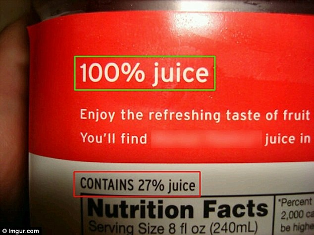 Có rất nhiều bức ảnh cho thấy bao bì đựng thực phẩm không được như thực phẩm đóng gói bên trong, và như trong trường hợp này thì các thông tin trên bao bì đã hoàn toàn mâu thuẫn nhau. Một thông tin được cung cấp ngoài bao bì là nước hoa quả được làm từ 100% nước quả nhưng ngay thông tin dinh dưỡng bên dưới lại ghi là chỉ có 27% nước quả.