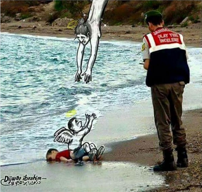  Bé trai Syria 3 tuổi Aylan Kurdi và anh trai 5 tuổi Galip, được tìm thấy bị chết đuối và trôi giạt, nằm úp sấp trên bờ biển hòn đảo Kos (Hy Lạp) gây chấn động thế giới. Nghệ sĩ khắp nơi trên thế giới khi nhìn thấy bức ảnh đau lòng trên đã vẽ những bức hình tưởng niệm cậu bé Aylan khiến người xem phải tuôn trào nước mắt. Trong hình là hình ảnh các thiên thần đang dang tay đón cậu bé về thiên đàng, nơi không có chiến tranh, sợ hãi.