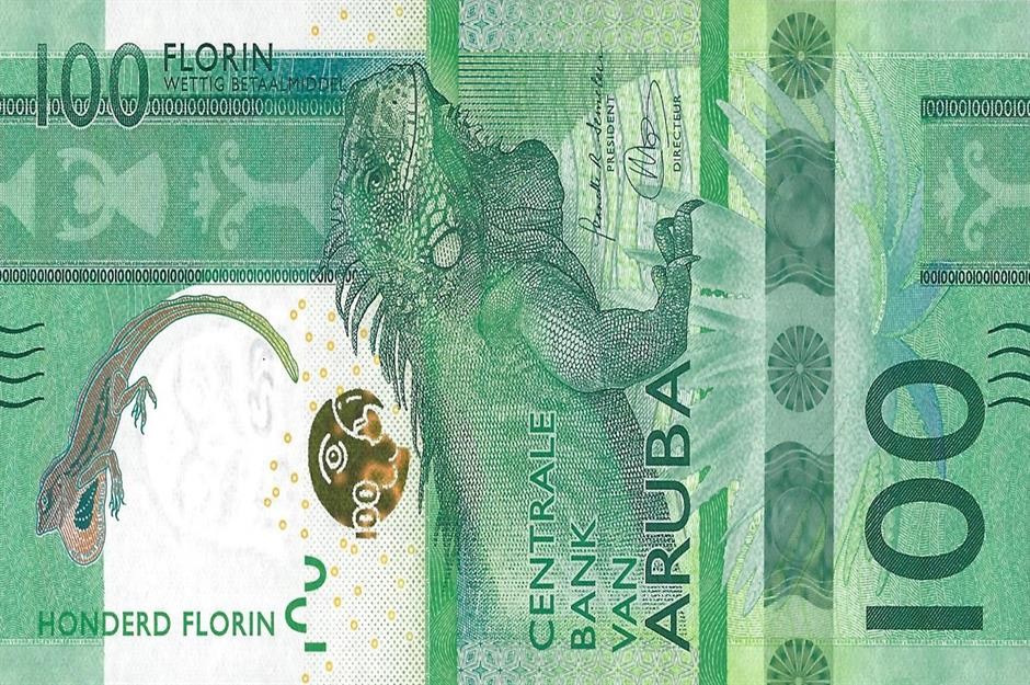  Florin Aruba: Với màu xanh lá cây nổi bật và hình ảnh một con kỳ nhông lớn, tờ tiền 100 florin của Aruba được Hiệp hội Những người sưu tầm  tiền giấy quốc tế (IBNS) bình chọn là Tờ tiền đẹp nhất năm 2019. 100 florin là một phần của loạt tiền mới "Stars of Aruba", được phát hành vào tháng 6/2019, trong lần thiết kế lại tiền tệ đầu tiên sau 30 năm của đảo quốc vùng biển Caribbean. Những yếu tố về văn hóa, hệ thực vật và động vật của đất nước được đưa vào các tờ tiền.