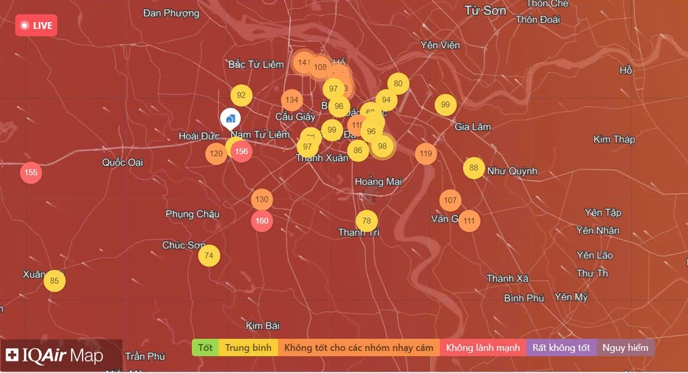 Hôm nay (3/2), chất lượng không khí khu vực Hà Đông (Hà Nội) ở mức xấu