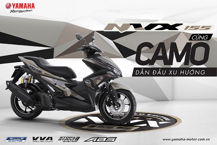 Phiên bản giới hạn  Yamaha NVX 155 Camo hoàn toàn mới đem lại nét ấn tượng cá tính cho người sử dụng với họa tiết rằn ri thời thượng đang được ưa chuộng, kết hợp cùng thân xe lớn và dấu ấn thiết kế đặc trưng giúp chủ nhân luôn nổi bật và kiêu hãnh trên mọi cung đường.