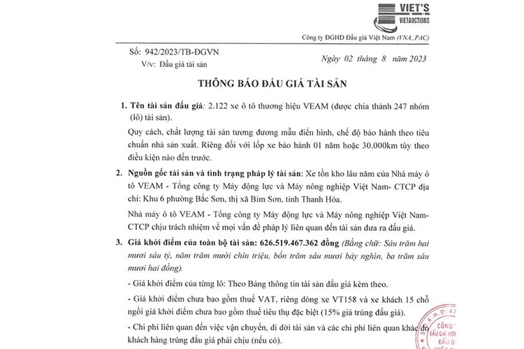 Sau 4 lần đấu giá trong 3 năm bất thành,  hàng nghìn ôtô của Nhà máy VEAM tại Thị xã Bỉm Sơn, tỉnh Thanh Hóa trị giá gần 1.000 đã bị bốc hơi lên tới hàng trăm tỷ đồng. Nếu không có giải pháp khắc phục, lo ngại khối tài sản hàng trăm tỷ này thành đống sắt vụn đang hiện hữu.