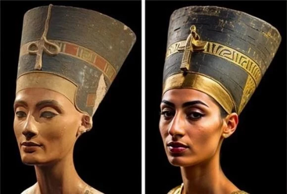 1. Nữ hoàng Ai Cập Nefertiti: Hình ảnh nữ hoàng Ai Cập Nefertiti sau khi được  phục dựng bằng AI. Nữ hoàng Nefertiti là vợ của Pharaoh Akhenaten và sống vào thế kỷ 14 TCN. Bà nổi tiếng với sắc đẹp huyền thoại và đóng vai trò quan trọng trong việc thờ cúng vị thần mặt trời Aten.