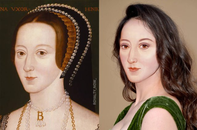 1. Anne Boleyn (1501/1507 – 19 tháng 5, 1536) là vợ thứ hai của Vua Henry VIII của Anh. Bà trở thành Vương hậu nước Anh từ năm 1533 đến khi bị Henry VIII hạ lệnh xử tử. Cuộc hôn nhân và vụ án phản nghịch của Anne đã tạo nên những biến động chính trị và tôn giáo trong Cuộc cải cách Anh. Hình ảnh Anne Boleyn sau khi được  phục dựng bằng AI (trí tuệ nhân tạo).