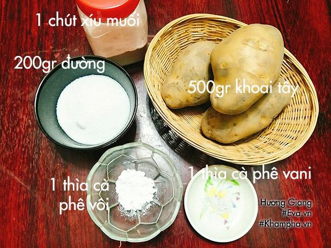 Nguyên liệu làm mứt khoai tây: 500gr khoai tây, 200gr đường, 1 thìa cà phê vani, 1 thìa cà phê vôi bột, 1 chút xíu muối, Nước