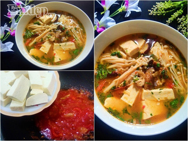 Nguyên liệu làm món  canh đậu phụ nấm hương gồm: Đậu hũ: 400 gr, Nấm kim châm: 1 gói, Nấm hương: 6-7 tai, Cà chua: 2 quả, Hành lá, rau mùi, ỏi, Đường, hạt nêm, nước mắm, nguyên liệu làm món canh đậu hũ nấm hương gồm, Đậu hũ: 400 gr, Nấm kim châm: 1 gói, Nấm hương: 6-7 tai, cà chua: 2 quả, Hành lá, rau mùi, tỏi, Đường, hạt nêm, nước mắm.