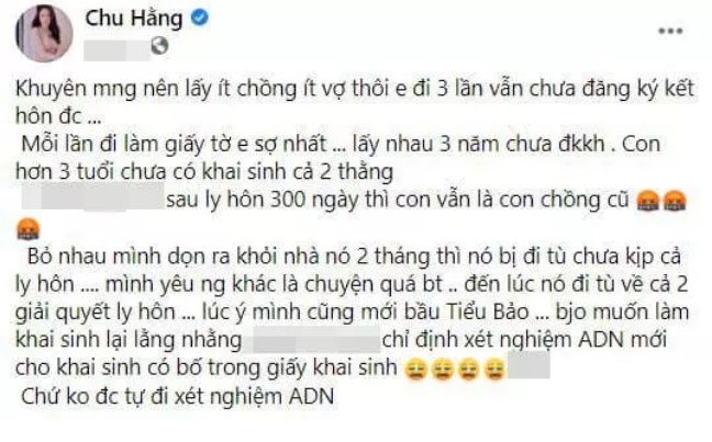 Mới đây, " hot girl 3 đời chồng" Chu Hằng đã có những chia sẻ về chuyện chồng con trên trang cá nhân gây chú ý. Theo đó, cô cho rằng các chị em nên lấy ít chồng, ít vợ vì thủ tục lằng nhằng. Ảnh: Vietnamnet