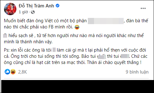 Ít giờ trước,  Trâm Anh vừa có chia sẻ "cực căng" trên Facebook gần 500 nghìn người theo dõi khiến netizen hết sức ngỡ ngàng. Lần này nàng hot girl 9x nhắn trực tiếp đến các đối tượng thuộc cánh mày râu với lời lẽ khá "gắt" như "bẩn thỉu", "dơ dáy",...