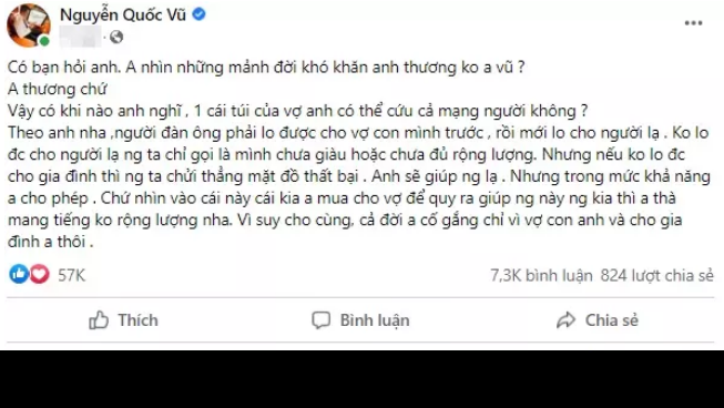 Mới đây ông xã " nữ đại gia quận 7" - doanh nhân Nguyễn Quốc Vũ có bài đăng gây chú trên mạng xã hội. Trong bài viết, anh bày tỏ quan điểm cá nhân khi có người so sánh chuyện anh làm từ thiện với mua túi xách cho vợ.