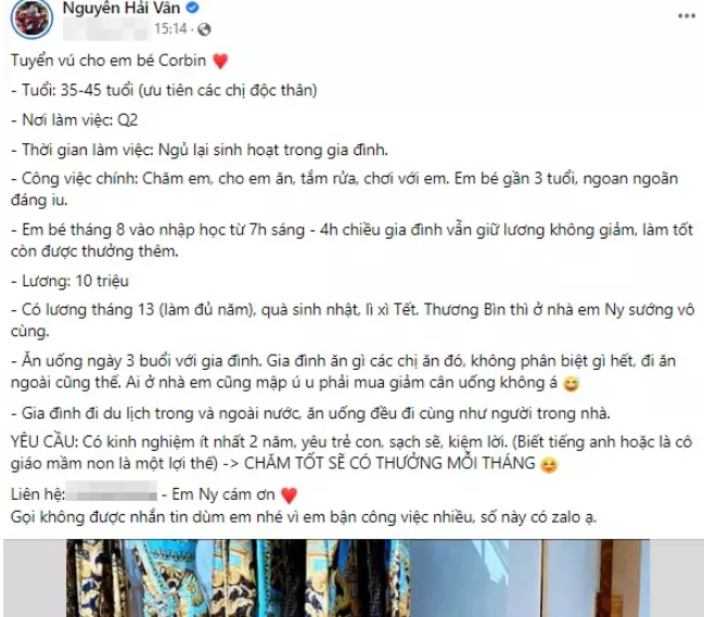 Mới đây, " con dâu ông trùm điện tử" Vân Tiny gây chú ý khi đăng tin tuyển bảo mẫu cho con trai Corbin (3 tuổi).