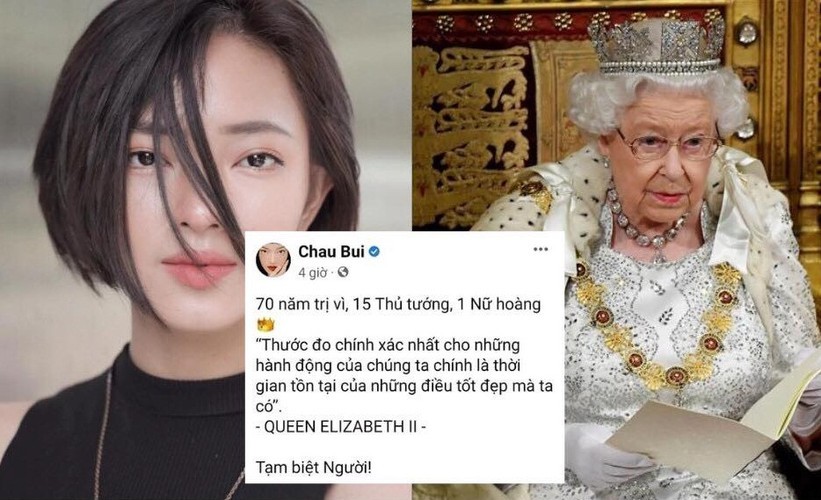 Đăng dòng trạng thái tưởng nhớ Nữ hoàng Anh Elizabeth II sau khi qua đời, hot girl  Châu Bùi nhận về nhiều ý kiến trái chiều, phần lớn ý kiến cho rằng cô đang "sính ngoại" và nên tìm hiểu lịch sử rõ ràng trước khi đăng tải. Cụ thể, cô nàng chia sẻ: "70 năm trị vì, 15 Thủ tướng, 1 Nữ hoàng - Thước đo chính xác nhất cho những hành động của chúng ta chính là thời gian tồn tại của những điều tốt đẹp mà ta có". Ảnh: NEU Confessions