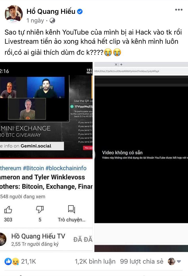 Hồ Quang Hiếu vô cùng hoang mang khi  kênh YouTube có đến 2,5 triệu lượt theo dõi của anh đã bị hacker chiếm giữ.