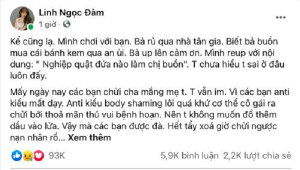  Linh Ngọc Đàm vừa có chia sẻ trên trang cá nhân về việc mình bị cô bị antifan, trong đó có fan của Sơn Tùng M-TP khủng bố và động chạm đến cả gia đình nữ streamer.