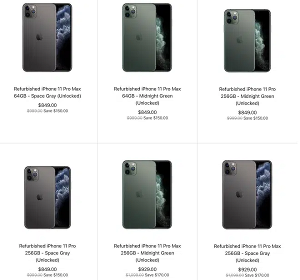 Mức giá của  iPhone 11, iPhone 11 Pro và iPhone 11 Pro Max hàng tân trang rẻ hơn 300-350 USD so với mức giá ban đầu. Cụ thể, giá của từng model như sau: