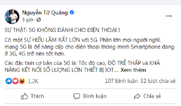 Chia sẻ của ông Nguyễn Tử Quảng trên trang cá nhân đang nhận được sự quan tâm lớn của giới công nghệ. Theo CEO Bkav,  mạng 5G hiện nay là dư thừa nếu chỉ dùng trên smartphone.